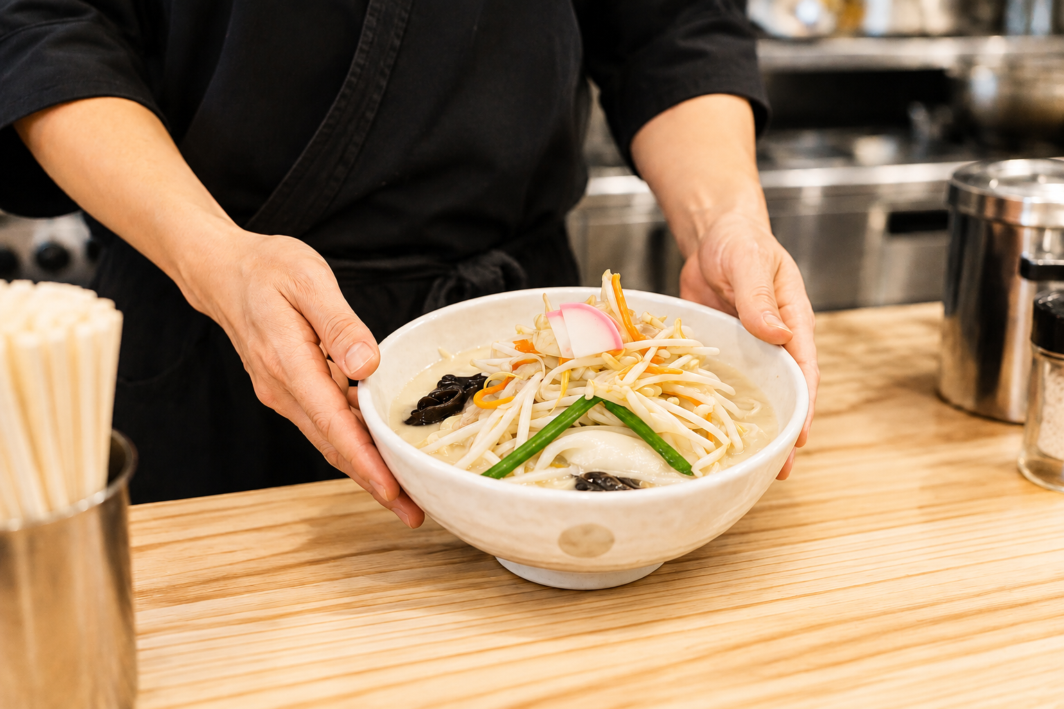 ラーメンを提供する様子
